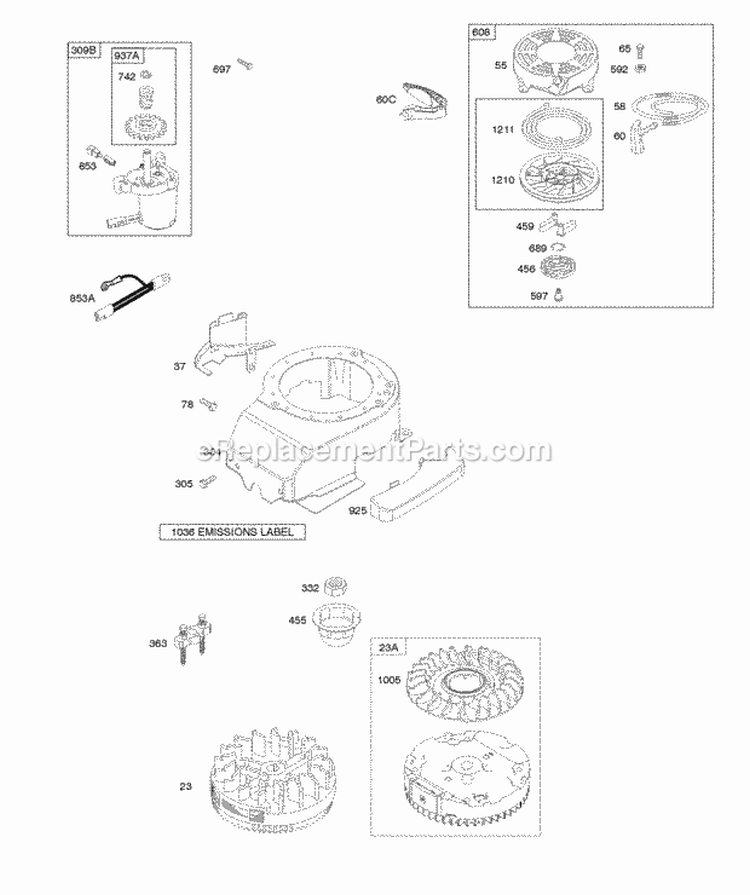 Blower Housing Electric Starter Flywheel Rewind Starter Diagram and Parts List for  Briggs and Stratton Engine